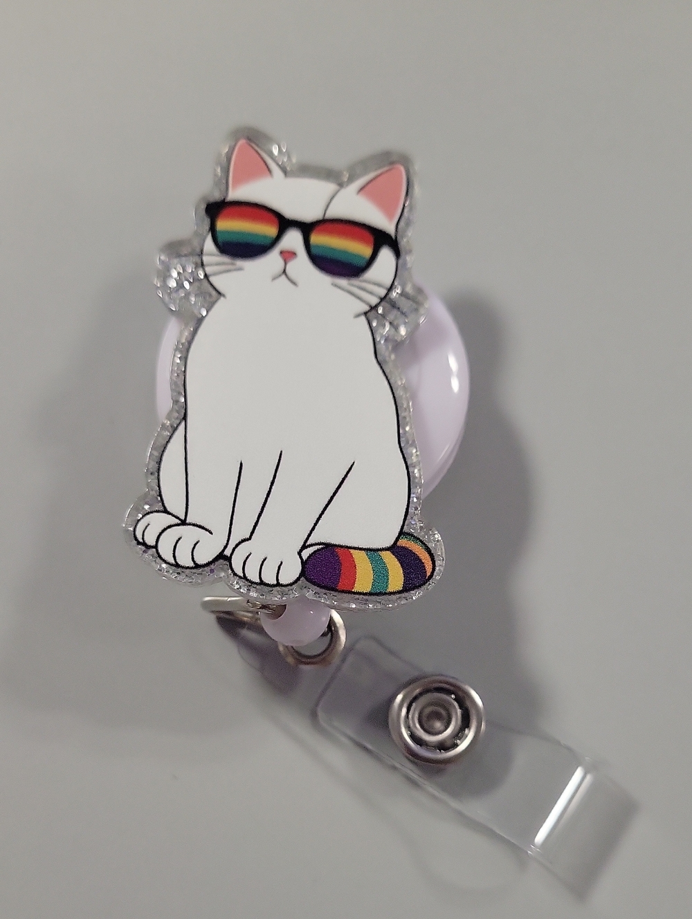 4/$25 White Rainbow Cat Badge Reel